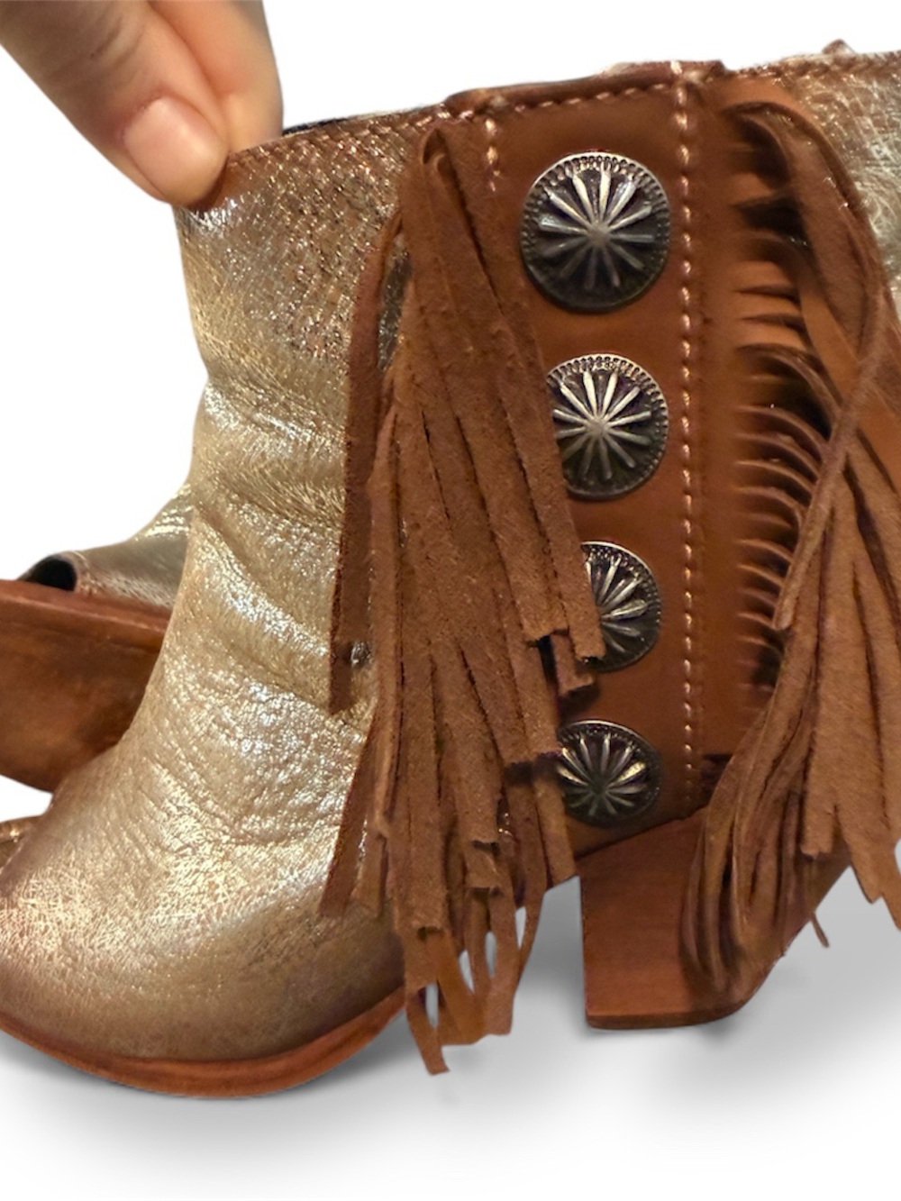 Liberty Black boots booties Fringed Open-Toe Ankle Boots gold metallic‎ 6